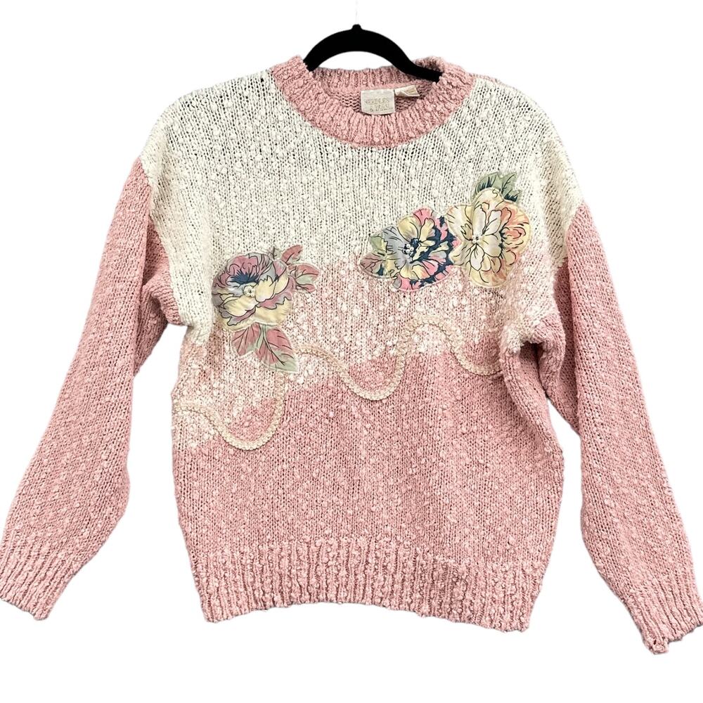 VTG Cottagecore Floral Knit Sweater L Pink Chunky Coquette 90s Soft Girl Granny